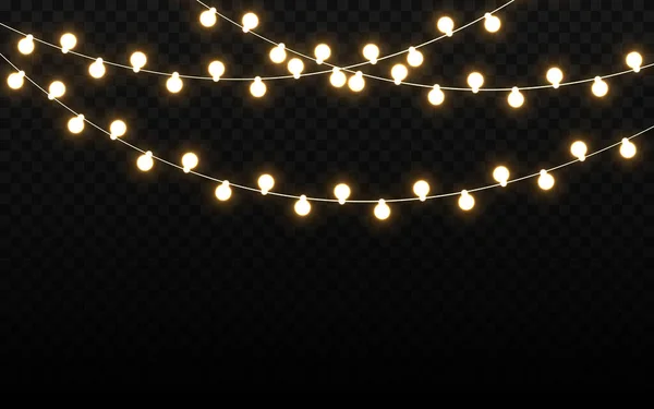 在黑暗的背景下隔离的圣诞灯 现实的灯泡 闪亮的金属丝与明亮的灯光 具有明亮元素的派对花环 假日模板 矢量说明 — 图库矢量图片