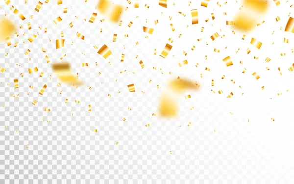 透明感のある背景に金のコンフェッティ 黄金のコンフェッティが落ちてくるのを 明るいお祝いのティンセルと黄色の蛇紋岩 豪華な記念日の装飾 ベクターイラスト — ストックベクタ
