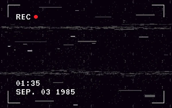 Görüntü bulucu şablonu. Eski VHS video kamera. Siyah zemin üzerinde beyaz yatay çizgiler. Sinyal yok ve rastgele bozulmalar var. Geri sarma etkisi. Vektör illüstrasyonu.