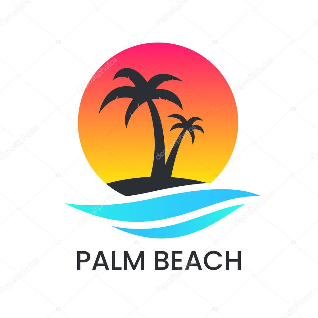 Beach sunset logo on white backdrop. Palm tree silhouette and blue wave. Vacation logotype. Travel agency template. Ocean coast and water. Summer emblem. Vector illustration.