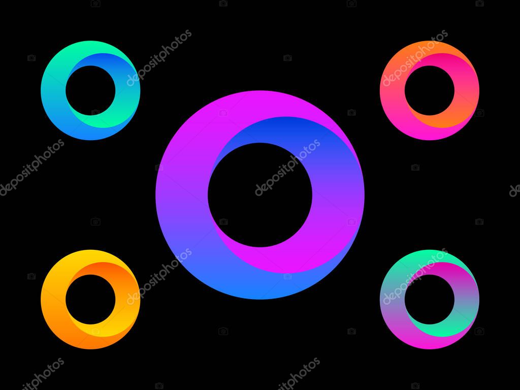 Letter o logo. Colorful circle set. Color gradient logotype on black background. Modern design template. Geometric bold shape. Universal graphic for website, banner, poster. Vector illustration.