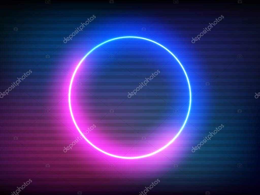 Neon retro circle with VHS effect. Glitch round frame on color backdrop. Futuristic glowing element. Pink and blue electric light for poster, banner or game. Vector illustration.
