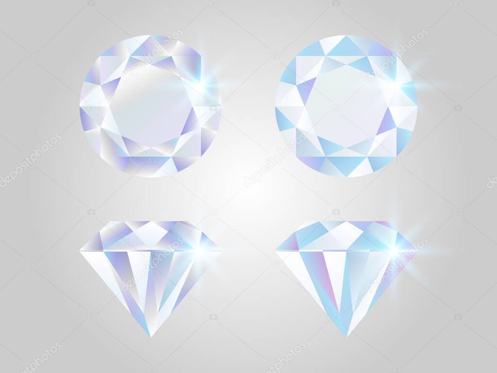 Diamond set. Realistic jewels isolated on white background. Shimmer stones top view. Luxury elements. Shining gemstones collection. Colorful gems concept. Shiny diamond design. Vector illustration.