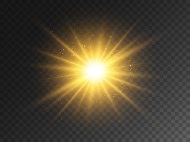 Şeffaf arkaplanda parlayan altın yıldız. Yıldız tozlu sihirli bir patlama. Sihirli parçacıklarla Noel ışığı etkisi. Sarı enerji flaşı. Altın parıltı ve parıltı. Vektör illüstrasyonu.