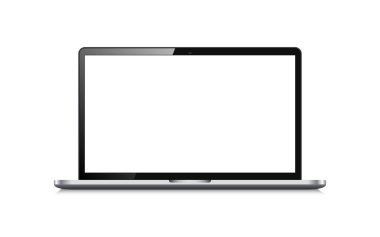 Beyaz arka planda dizüstü bilgisayarın gerçekçi bir maketi. Uzaktan çalışma konsepti. Beyaz ekranlı defter. Boş ekranlı bilgisayar. Uzaktan eğitim için mobil cihaz. Vektör illüstrasyonu.