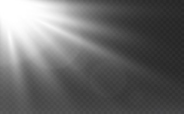 Şeffaf arkaplanda beyaz ışıklar. Parlayan ışınlarla güneş ışığı etkisi. Güneş ışığı şablonu. Parlak beyaz ışınlar ve parlak mercekler. Parlak ışık efekti. Vektör illüstrasyonu.