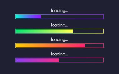 Bar takımı yükleniyor. Web tasarım elementleri koyu arkaplanda. İlerleme görselleştirme koleksiyonu. Renk eğrisi çizgileri. Durum şablonu yükleniyor. Vektör illüstrasyonu.