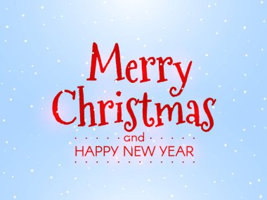 Mutlu Noeller ve mutlu yıllar. Mavi arka planda kış konsepti. Kırmızı arka planı olan parlak bir yazı. Kar taneli Xmas şablonu. Pankart, el ilanı, poster, ağ için vektör illüstrasyonu.