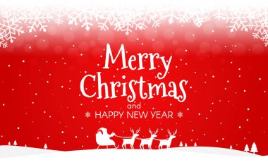 Kırmızı Noel geçmişi. Noel Baba 'nın silueti ve geyik. Kar taneleri ve ağaçlarla kaplı karlı kırmızı bir manzara. Mutlu yıllar posteri. Vektör illüstrasyonu.