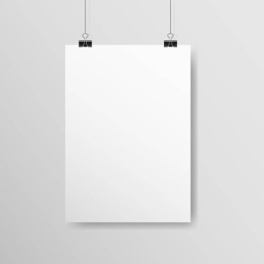 Poster A4 modeli. Şarjörlü beyaz boş kağıt. Işık duvarında asılı gerçekçi bir şablon. Yumuşak gölgeli beyaz çarşaf. İpe asılmış bir pankart. Vektör illüstrasyonu.
