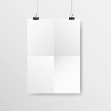 Poster modeli. Beyaz, buruşuk, ataçlı kağıt. Işık duvarında asılı gerçekçi bir A4 şablonu. İpe asılmış bir pankart. Yumuşak gölgeli beyaz bir çarşaf. Vektör illüstrasyonu.