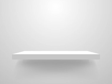 Beyaz raf modeli. Temiz kitaplık. Açık arkaplandaki boş raf şablonu gerçekçi mağaza rafları. Ev dekorasyonu. Vektör illüstrasyonu.