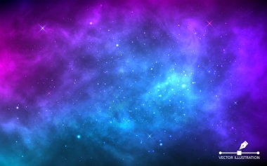 Yıldız tozu ve parlayan yıldızlarla dolu bir arka plan. Nebula ve Samanyolu ile gerçekçi renkli bir evren. Mavi galaksi arkaplanı. Güzel dış uzay. Sonsuz evren. Vektör illüstrasyonu.