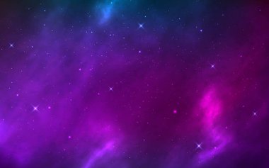 Parlayan yıldızlarla dolu bir arka plan. Nebula, samanyolu ve yıldız tozlu kozmik doku. Renkli galaksisi olan sihirli bir evren. Sonsuz yıldızlı gece. Vektör illüstrasyonu.