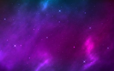 Parlayan yıldızlarla dolu bir arka plan. Nebula, samanyolu ve yıldız tozlu kozmik doku. Renkli galaksisi olan sihirli bir evren. Sonsuz yıldızlı gece. Vektör illüstrasyonu.