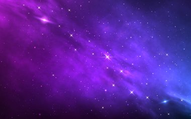 Uzay arkaplanı. Parlak yıldızlı renkli nebula. Yıldız tozu ve Samanyolu ile gerçekçi bir evren. Sihirli yıldızlı galaksi. Takımyıldızlı sonsuz evren. Vektör illüstrasyonu.