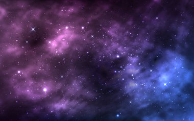 Uzay arkaplanı. Gerçekçi kozmos dokusu. Yıldızlı Samanyolu ve yıldız tozu. Renkli galaksi. Parlayan yıldızlı nebula. Sihirli sonsuz evren. Vektör illüstrasyonu.