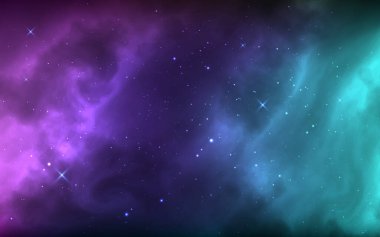 Parlak yıldızlı, nebula ve yıldız tozlu bir alan. Gerçekçi galaksisi ve Samanyolu ile renkli bir evren. Parlak kozmik zemin. Yıldızlı duvar kağıdı. Vektör illüstrasyonu.