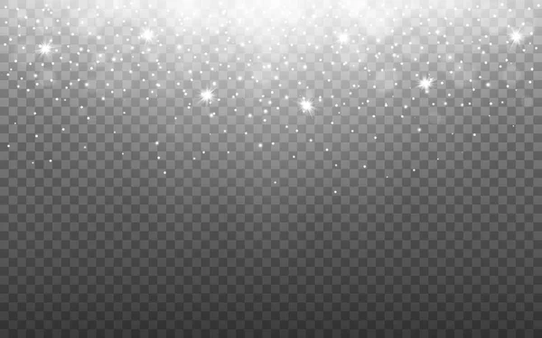 Світло Сніжними Пластівцями Прозорому Тлі Ефект Срібного Блиску Променями Блискучі — стоковий вектор