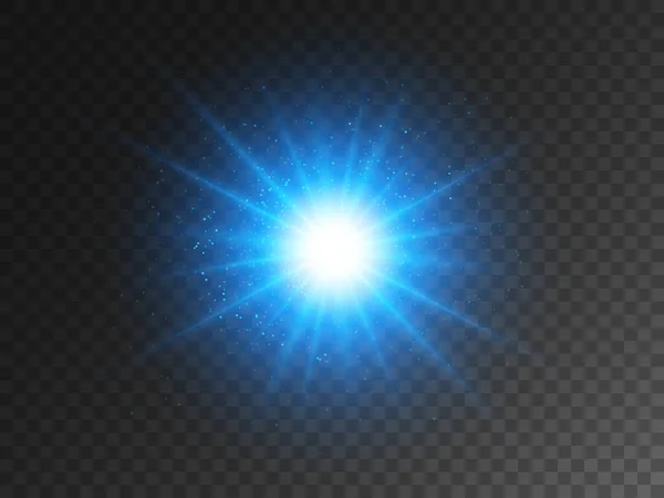 透明な背景に青い輝く星 魔法の粒子でクリスマスライト効果 明るい輝きとグレア 魔法の爆発とスターダスト 大きなエネルギーの閃光 ベクターイラスト — ストックベクタ