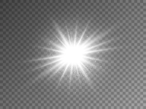 透明な背景に輝く銀の星 白い光線は粒子に影響します シルバーの輝きを持つクリスマスデザイン要素 魔法のライトテンプレート ベクターイラスト — ストックベクタ