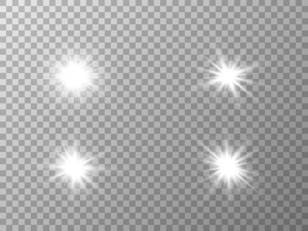 Białe Świecące Gwiazdy Jasne Eksplozje Flary Biały Efekt Błysku Przejrzystym — Wektor stockowy