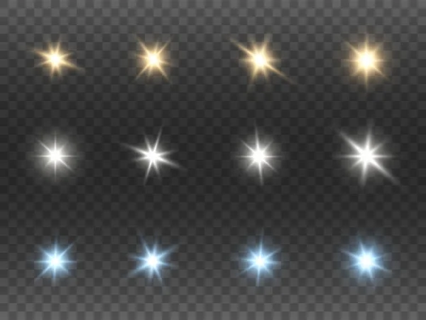 Christmas Stars Collection Transparent Background Sparkling Color Lights Set Bright — Stock Vector