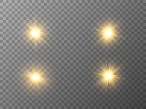Splendenti Stelle Luminose Impostate Effetto Oro Sfondo Trasparente Esplosioni Razzi — Vettoriale Stock