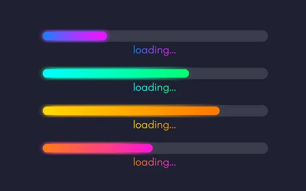 Loading Bar Set Color Gradient Lines Dark Backdrop Progress Visualization — Stock Vector