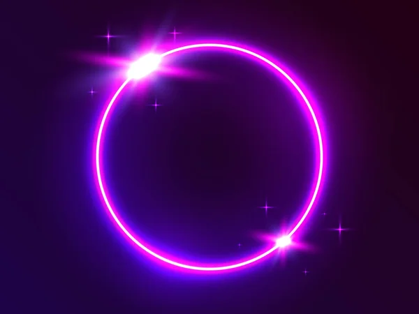 Neon dairesi. Fütürist yuvarlak ışık. Koyu arkaplanda parlayan bir çerçeve. Işık halkası ve parlayan elementler. Modern efektli 3D portal. Parlak dairesel şekil. Vektör illüstrasyonu.