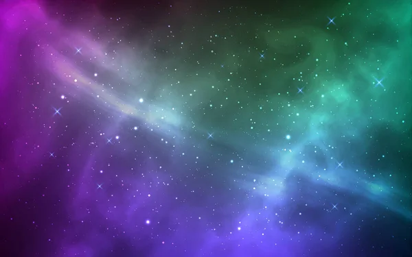 宇宙背景 魔法のスターダストと輝く星 明るい乳白色の道 バイオレットと現実的な銀河や星雲と緑の宇宙 星空壁紙 ベクターイラスト — ストックベクタ