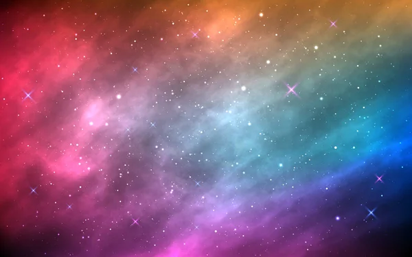Uzay arkaplanı. Parlak yıldızlı ve yıldız tozlu renkli nebula. Soyut gelecek arkaplanı. Gerçekçi renkli bir galaksi. Broşür, poster ya da afiş şablonu. Vektör İllüstrasyonu.