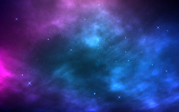 Космический фон. Реалистичный космос с туманностью и сияющими звездами. Млечный путь и звездная пыль. Звездная ночь и цветная галактика. Магия бесконечной вселенной. Векторная иллюстрация.