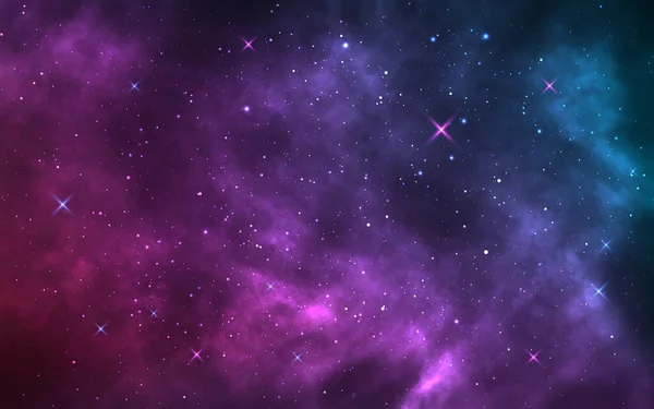 Uzay arkaplanı. Gerçekçi yıldızlı gece. Kozmos ve parlayan yıldızlar. Samanyolu ve yıldız tozu. Nebulası olan renkli bir galaksi. Sihirli sonsuz evren. Vektör illüstrasyonu.