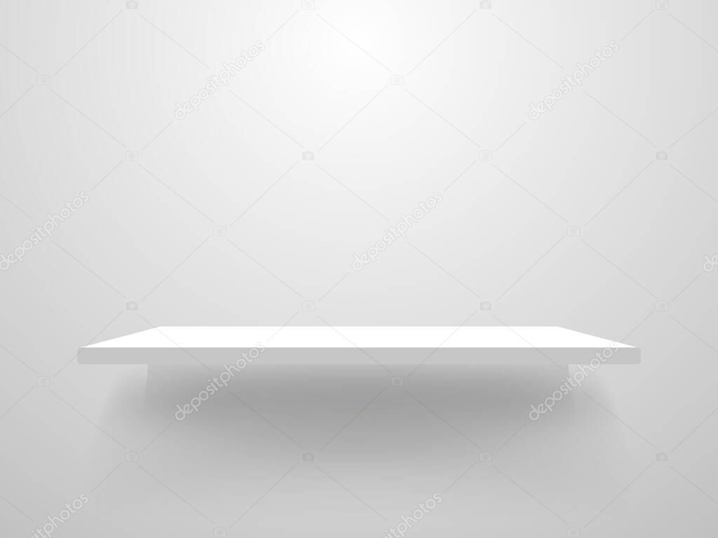 Empty shelf mockup on white wall. Clean illuminated bookshelf template. Home interior design. Realistic store shelf with shadow. 3d gallery object. Vector illustration.