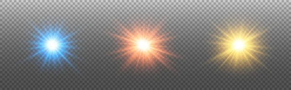 光るライトセット 透明な背景に星バーストコレクション 明るい輝きを持つ金 青銅の星 魔法の色の火花とお祭りの装飾 ベクターイラスト — ストックベクタ