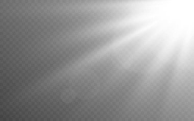 Şeffaf arkaplan üzerinde beyaz ışık etkisi. Parlayan ışınları olan gerçekçi güneş ışığı. Güneş ışığı ya da gündoğumu modeli. Parlak beyaz ışınlar ve parlak mercekler. Parlayan ışık efekti. Vektör illüstrasyonu.