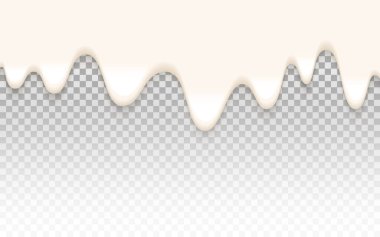 Kremalı yoğurt dokusu. Şeffaf arkaplanda sıvı kremalı süt. Gerçekçi damlayan yoğurt. Beyaz sos katmanları. Erimiş dondurma. Beyaz şablonlu tatlı. Vektör illüstrasyonu