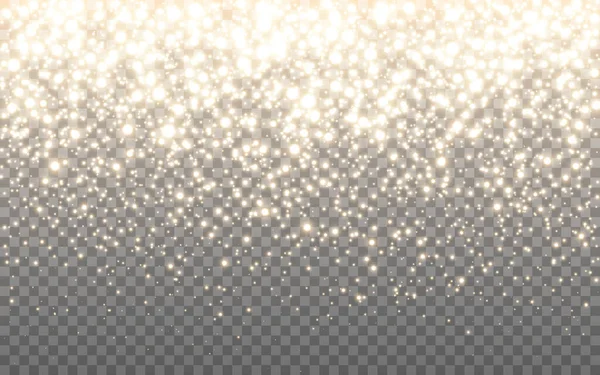 Textura de brillo dorado. Partículas brillantes de lujo. Rico confeti brillante. Tarjeta de felicitación plantilla. Polvo estelar realista sobre fondo transparente. Banner de Navidad. Ilustración vectorial — Vector de stock