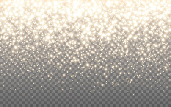 Gold glitter texture. Luxury sparkling particles. Rich glowing confetti. Greeting card template. Realistic stardust on transparent backdrop. Christmas banner. Vector illustration
