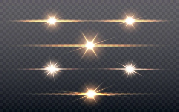 Linsen är tänd. Glödande ljuseffekt på transparent bakgrund. Ljusa stjärnor eller ljus exploderar. Solflashsamling. Ljusa lysande samling för affisch, banner, broschyr. Vektorillustration — Stock vektor