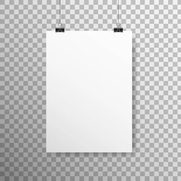 Poster-Attrappe vertikal. Weißes leeres Papier mit Clips. Realistisches Laken, das an einer Lichtwand hängt. DIN A4 blanko auf transparentem Hintergrund. Weiße Vorlage mit weichem Schatten. Vektorillustration — Stockvektor