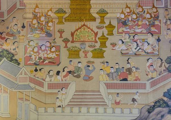 2016年12月29日 チェンライのワット シンの寺院の壁に過去のランナ人の生活のタイの壁画 — ストック写真