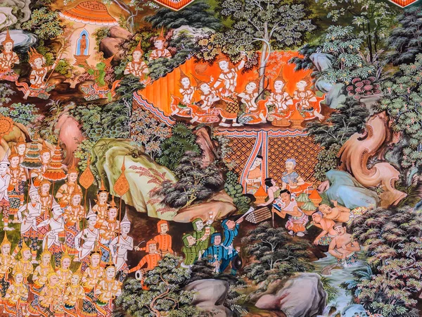 Suphan Buri Thailand Janeiro 2014 Pintura Mural Templo Budista Vida — Fotografia de Stock