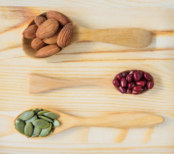 Ingrediente Seco Almendras Sin Cáscara Frijoles Rojos Adzuki Semillas Calabaza —  Fotos de Stock