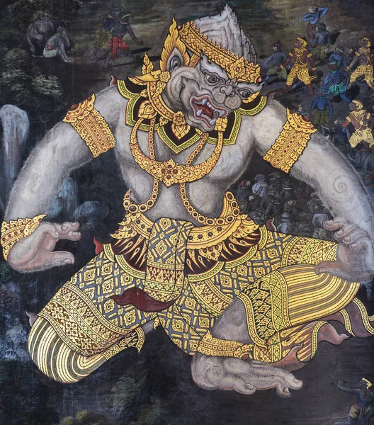 Tradiční thajské obrazy eposu Ramayana v Wat Phra Kaew Ban — Stock fotografie