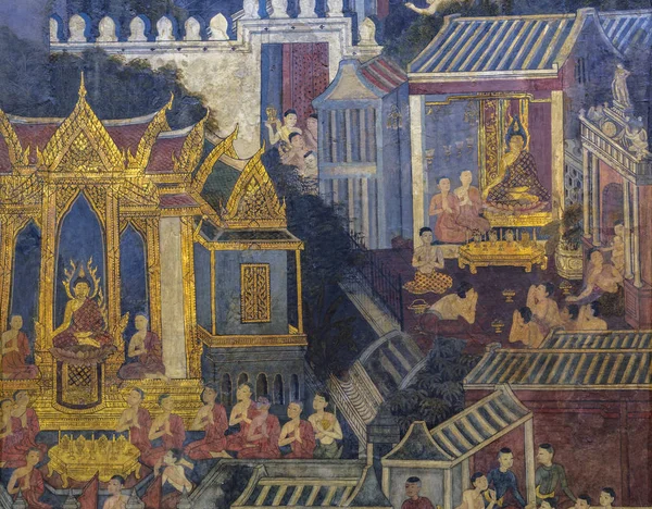 Antiga pintura mural Buddisht tailandesa na parede do templo — Fotografia de Stock
