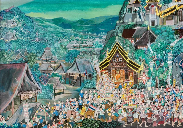Pittura nativa tailandese del festival buddista sul muro del tempio a Chia — Foto Stock