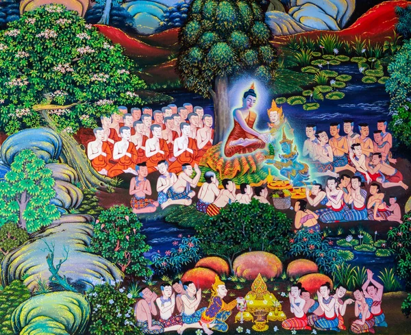 Pintura mural budista tailandesa nativa de la vida de Buda —  Fotos de Stock