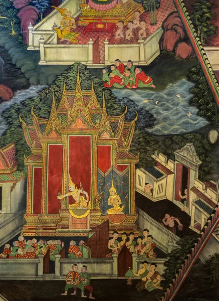 Antiga pintura mural budista tailandesa na parede do templo Fotografia De Stock